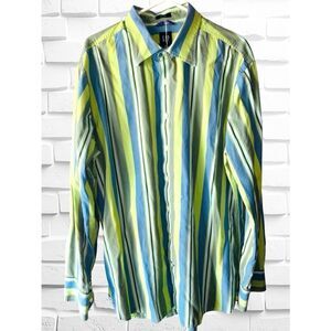 GAP Men’s Size XL Green Blue & White Striped Fitted Premium Button Down Shirt